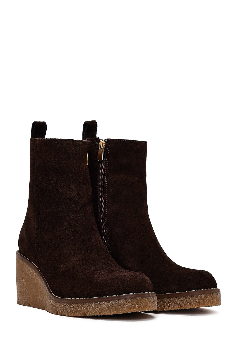 Women's Brown Zip-Up Wedge Suede Leather Boots
