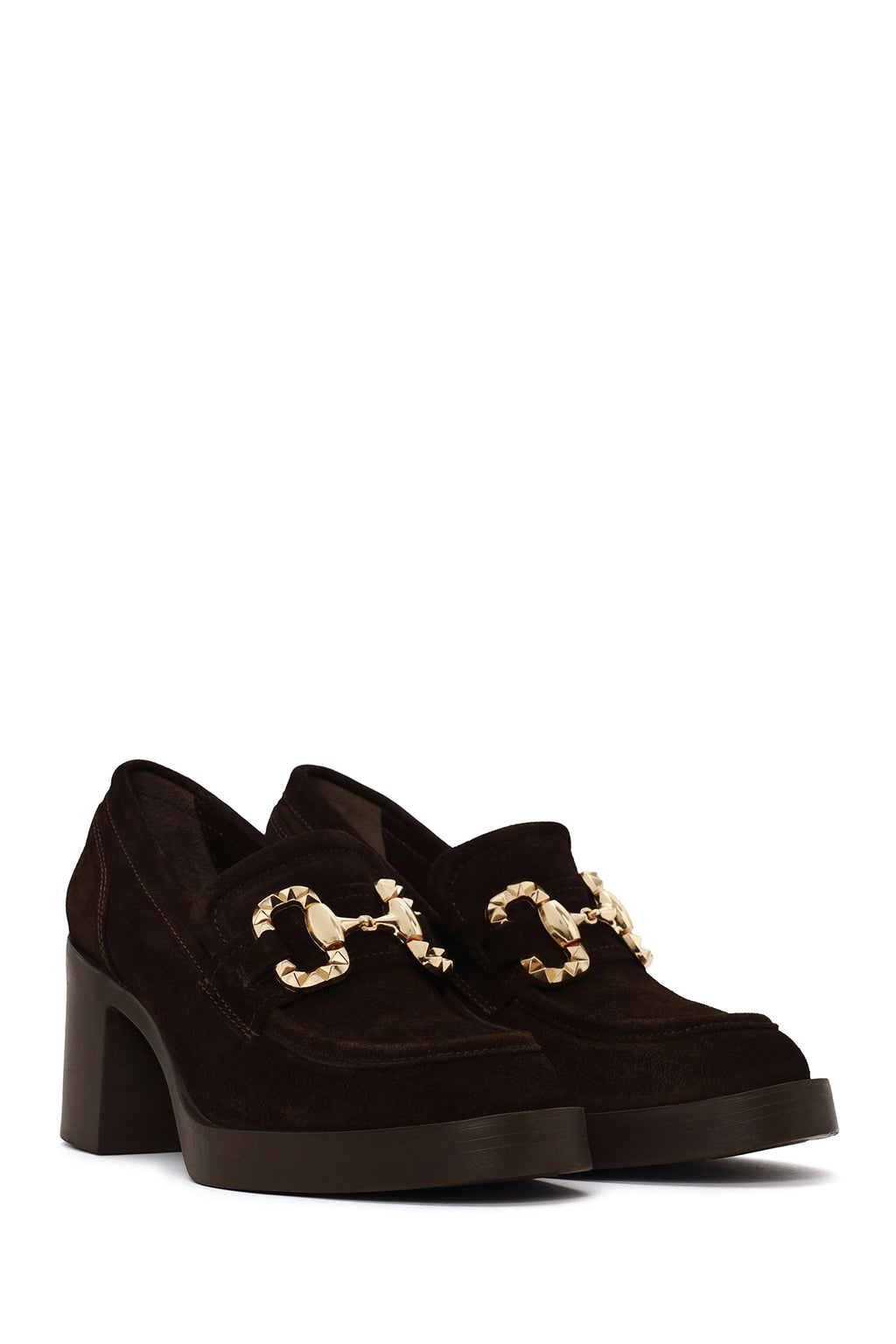Kadın Kahverengi Kalın Topuklu Süet Deri Loafer