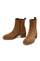 Woman Brown Zippered Chunky Heel Suede Leather Boat | Derimod