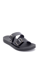 Women's Black Double Buckle Open Back Flat Slippers | Derimod