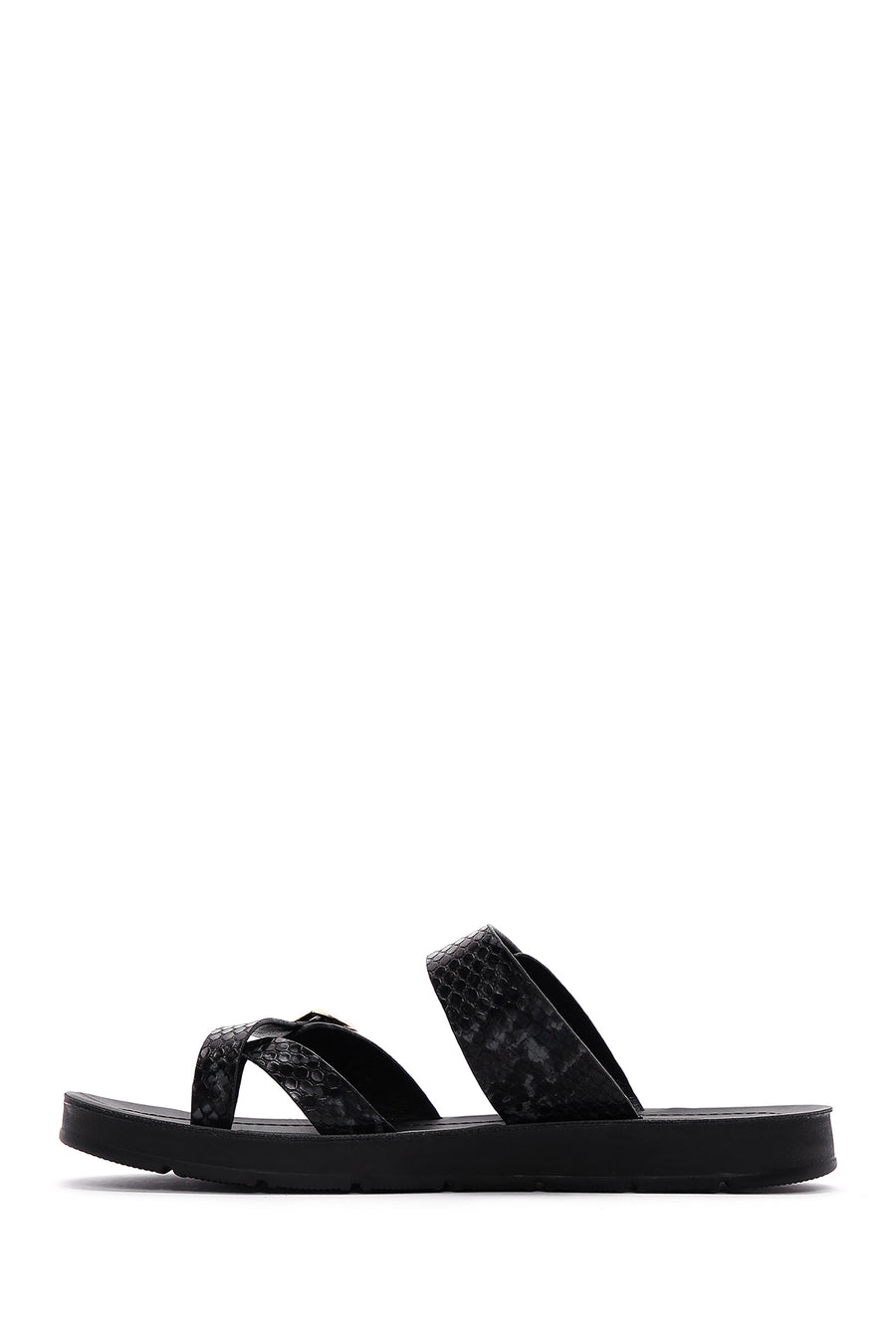 Women's Black Double Buckled Patterned Slippers