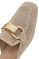 Women's Beige Buckle Suede Leather Slippers | Derimod
