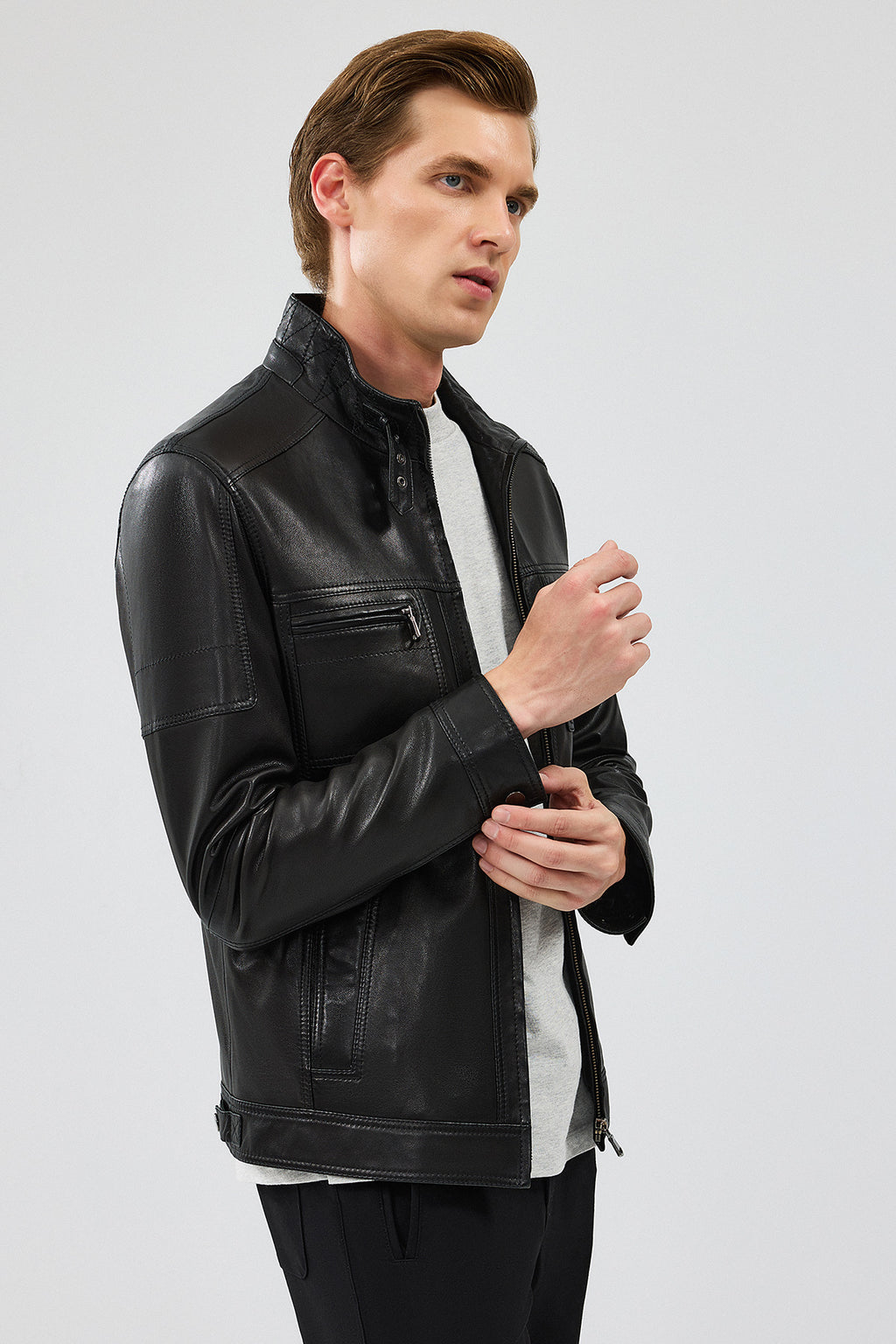 Wade Erkek Siyah Slim-Fit Deri Mont