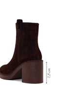 Woman Brown Zip Closure Chunky Heeled Suede Boots | Derimod