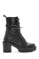 Women's Black Zippered Accessory Detailed Thick Heeled Leather Combat Boots | Derimod