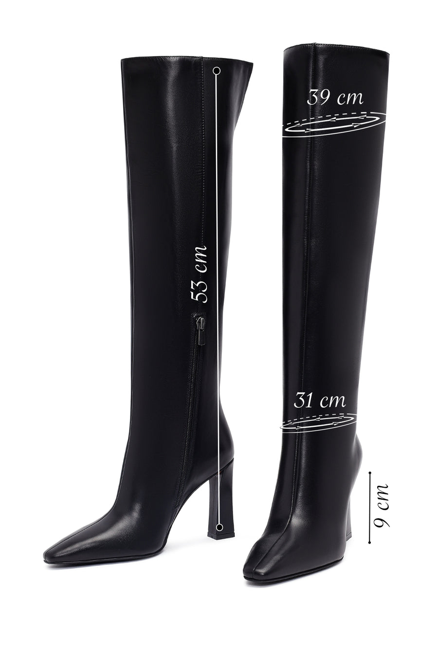 Women's Black Zippered High Thick Heel Leather Boot