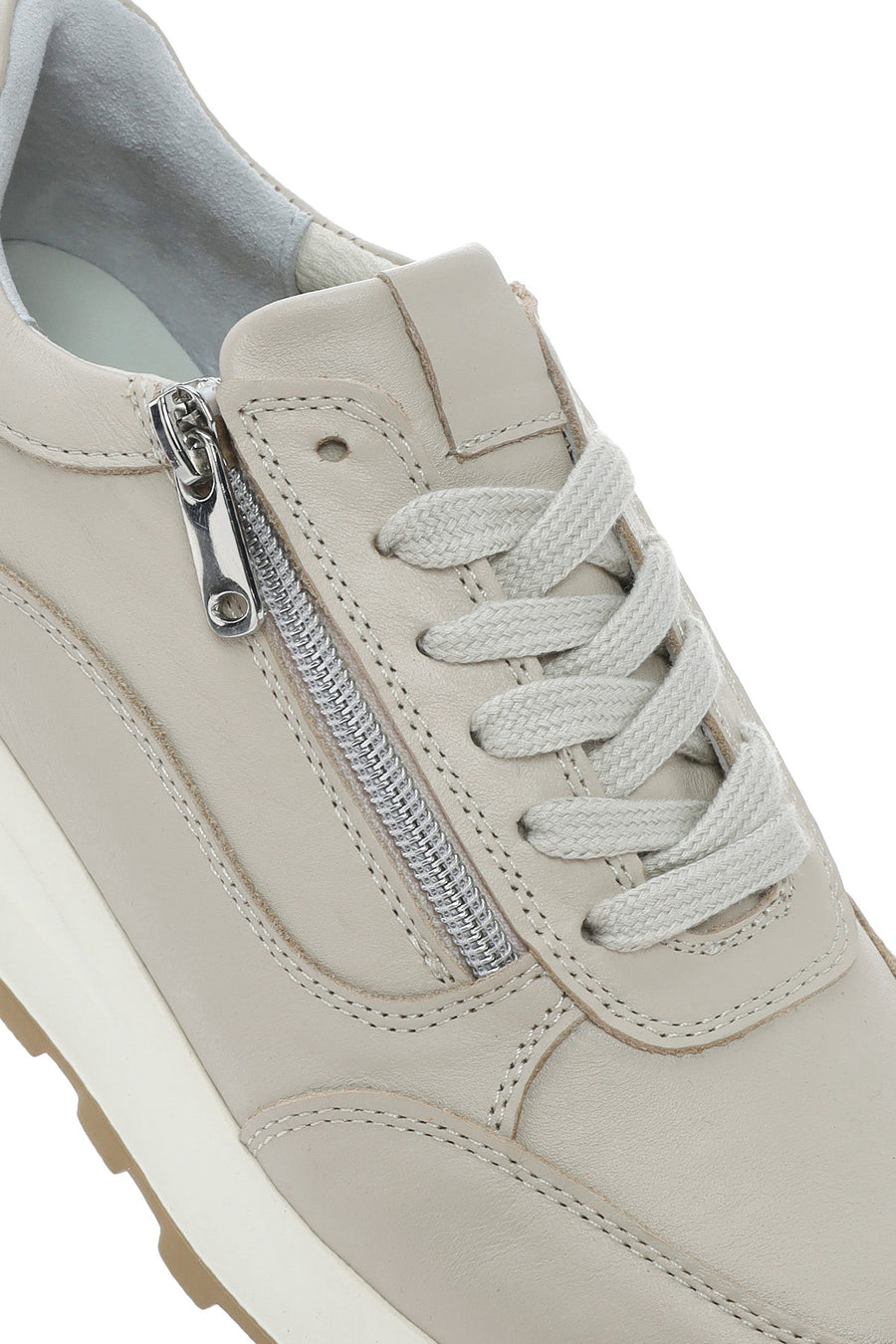 Kadın Bej Bağcıklı Yandan Fermuarlı Deri Sneaker