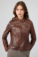Kylie Women's Brown Mandarin Collar Leather Jacket | Derimod