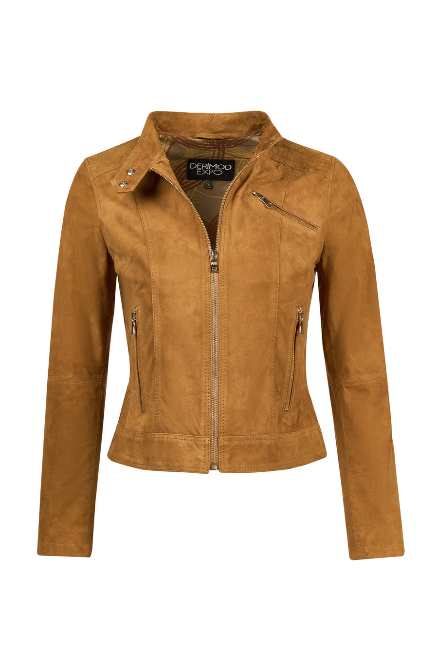 Kylie Woman Camel Mandarin Collar Short Suede Leather Jacket