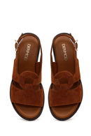 Women's Tan Suede Leather Sandals with Buckle | Derimod