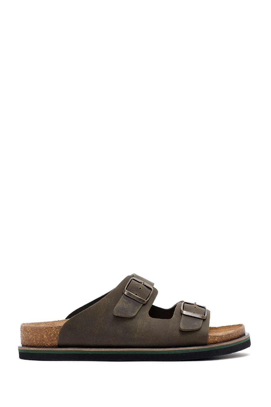 Men's Khaki Double Buckle Nubuck Leather Slippers 26SFD6255V3 | Derimod