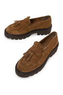 Woman Camel Thick-Soled Tasselled Suede Loafer | Derimod