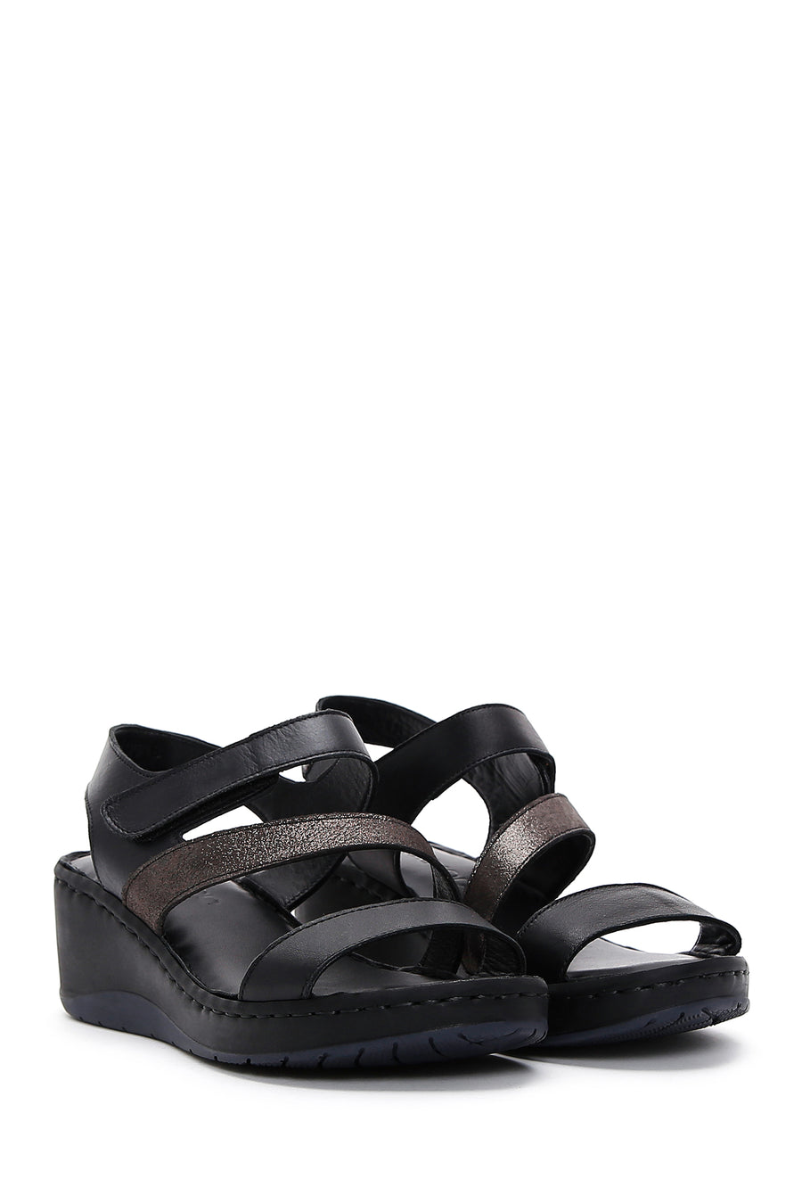 Women's Black Leather Wedge Heel Comfort Sandals