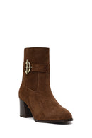 Women's Tan Zippered Thick Heeled Suede Leather Boot | Derimod