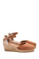 Women's Tan Suede Leather Wedge Heel Espadrille | Derimod