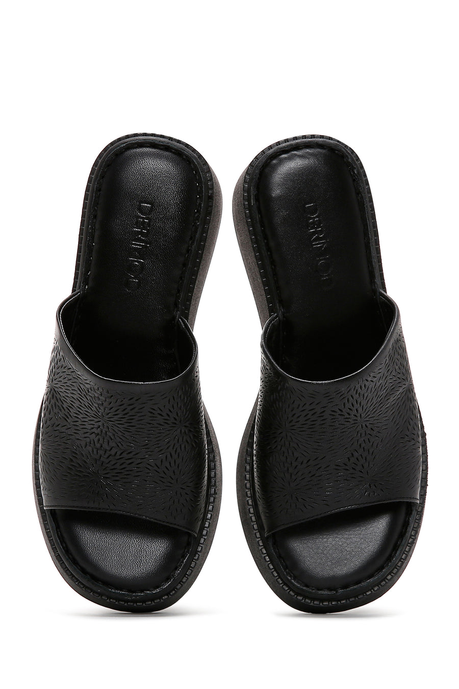 Women's Black Wedge Heeled Leather Comfort Slippers