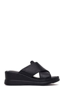 Women's Black Thick Soled Leather Comfort Slippers | Derimod