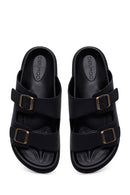 Male Black Double-Buckle Nubuck Leather Slipper | Derimod