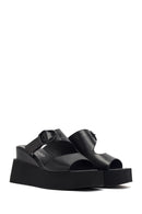 Women's Black Buckle Platform Leather Slippers | Derimod