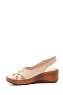 Women's Beige Leather Wedge Heel Comfort Sandals | Derimod