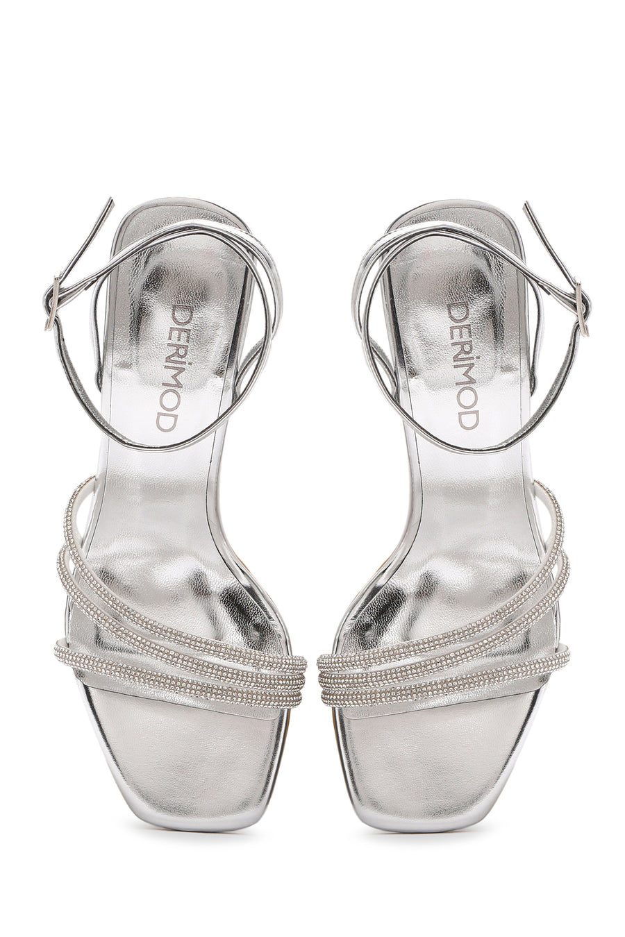 Women's Silver Ankle Strap Stone Thin Heel Sandals