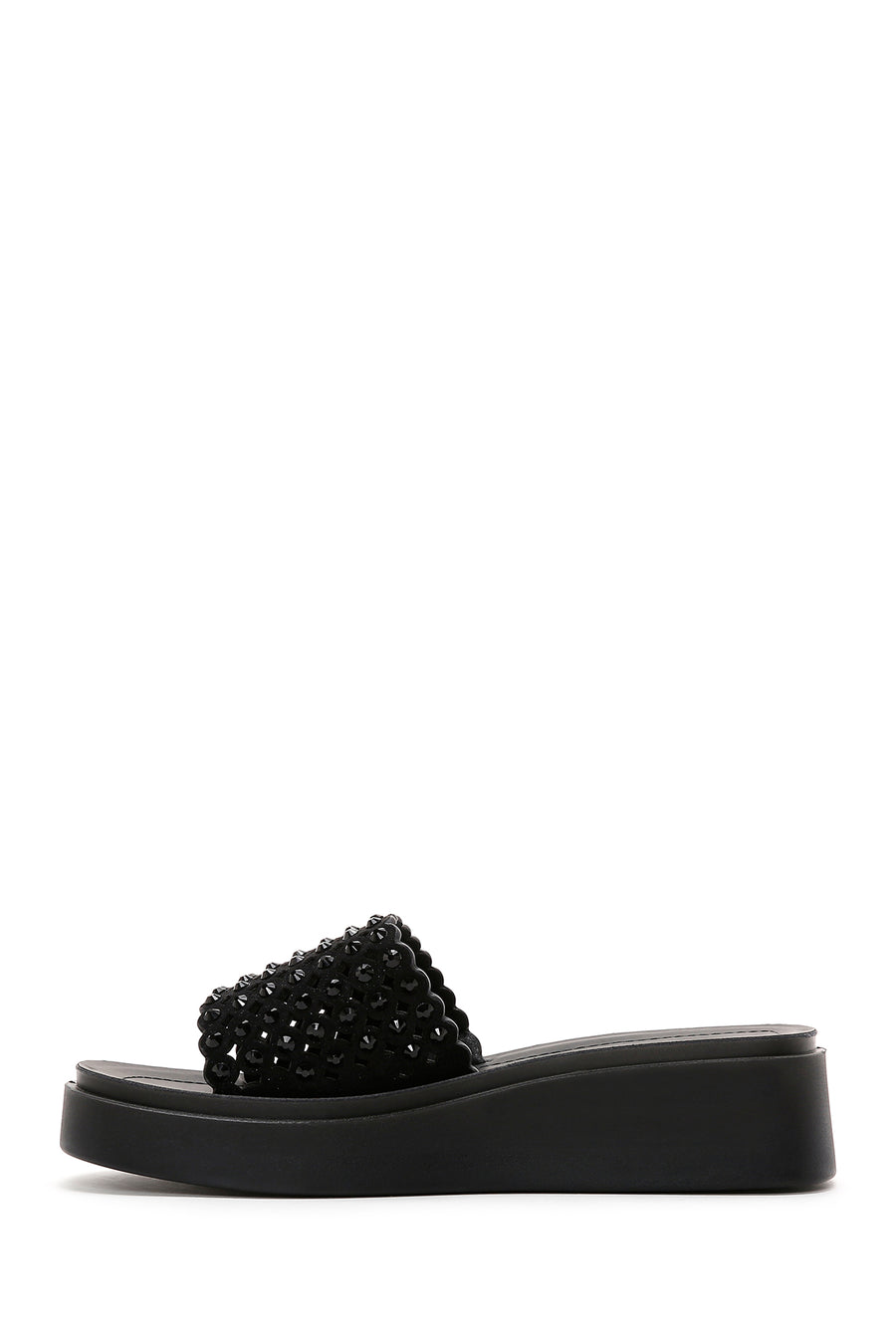 Woman Black Wedge-Heel Rhinestone Slippers