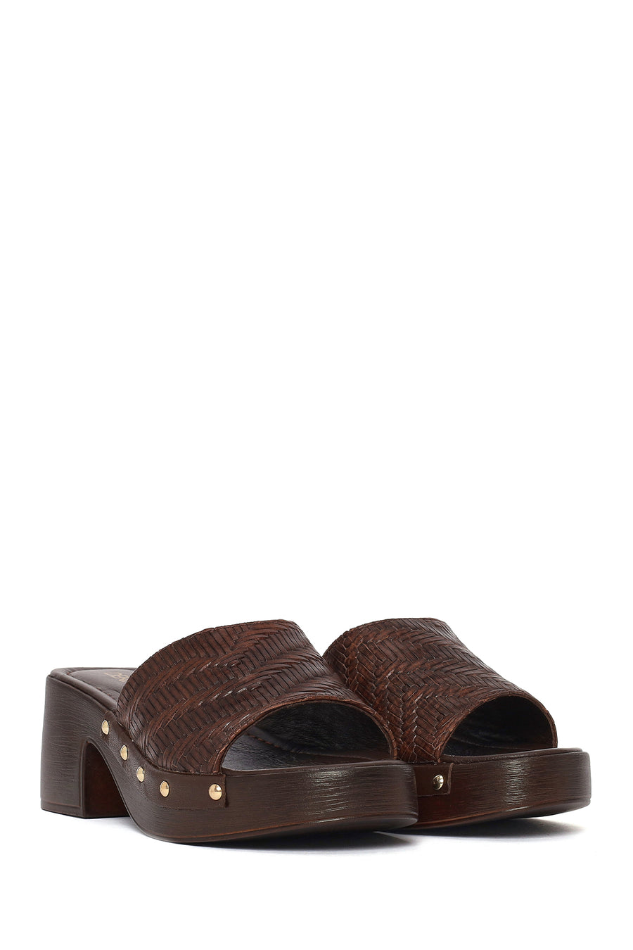 Women's Brown Patterned Short Chunky Heel Leather Slippers