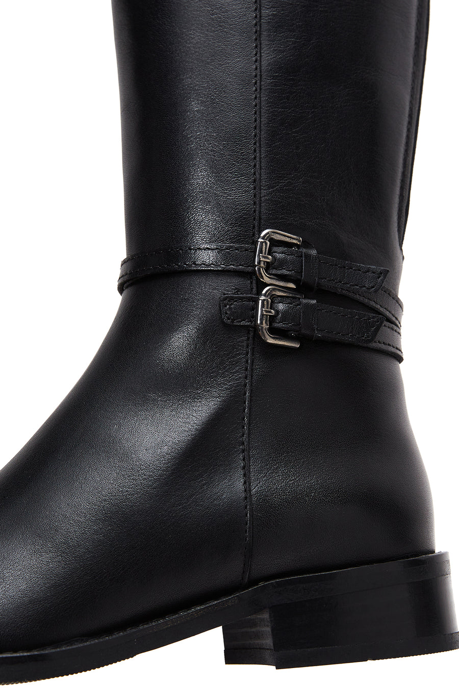 Woman Black Zippered Buckle Detail Leather Boot