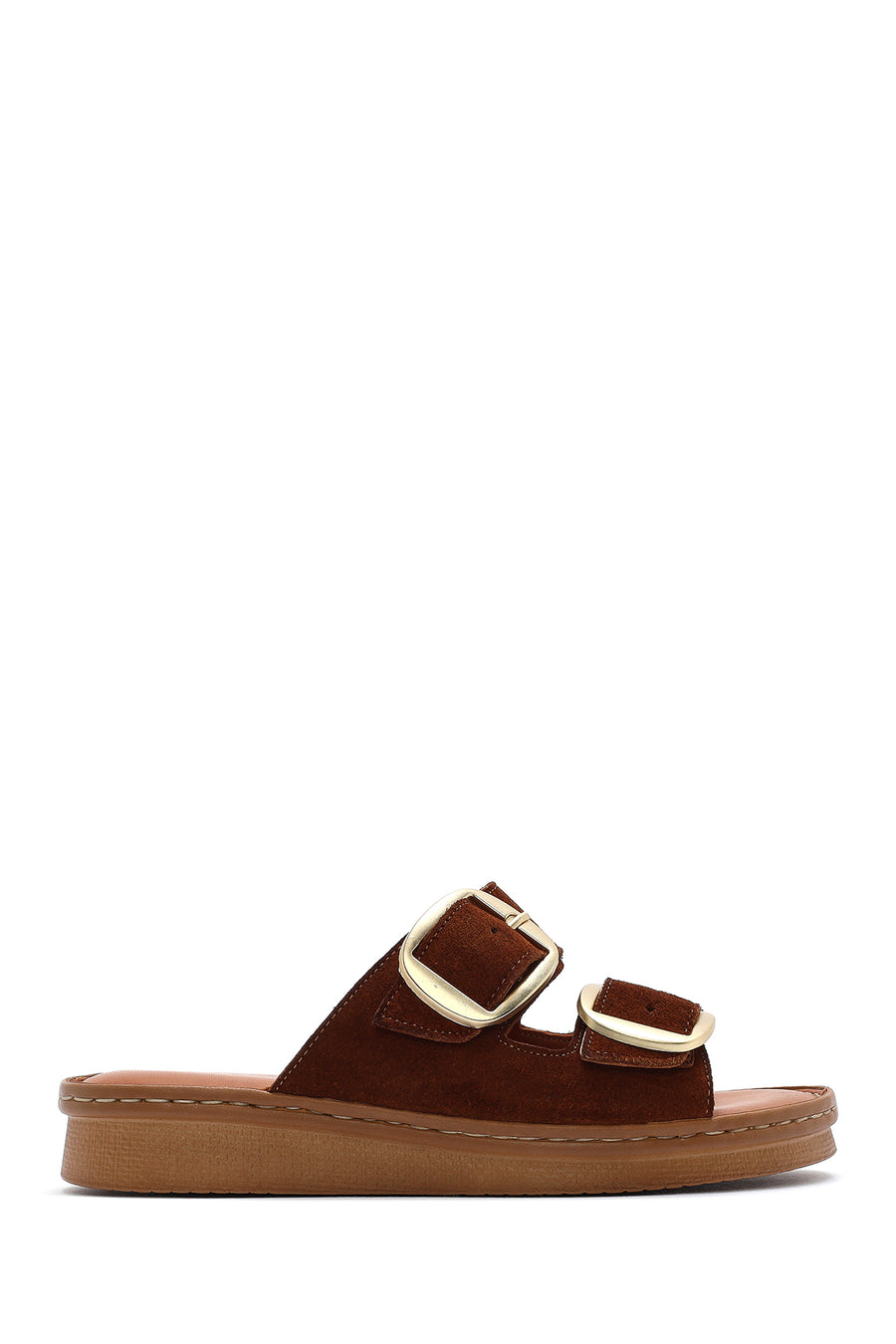 Woman Tan Buckled Suede Leather Comfort Slippers 25SFD340110 | Derimod