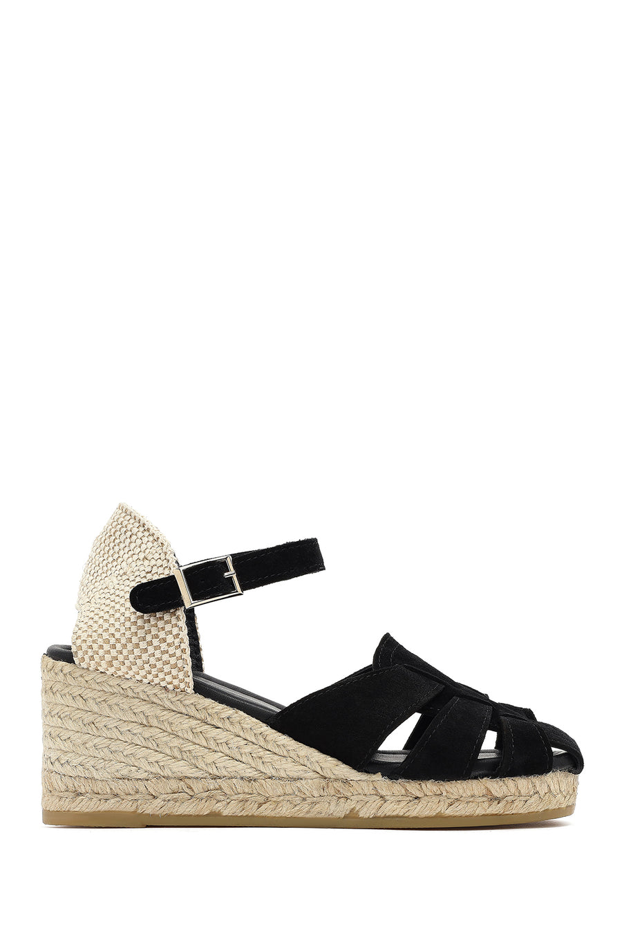 Women's Black Ankle Strap Wedge Heel Suede Leather Espadrille Sandals 25SFD151110 | Derimod