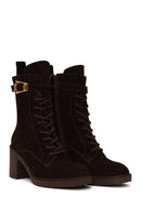 Woman Brown Zip Closure Chunky Heeled Suede Combat Boots | Derimod