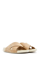 Women's Beige Strapped Nubuck Leather Comfort Slippers | Derimod