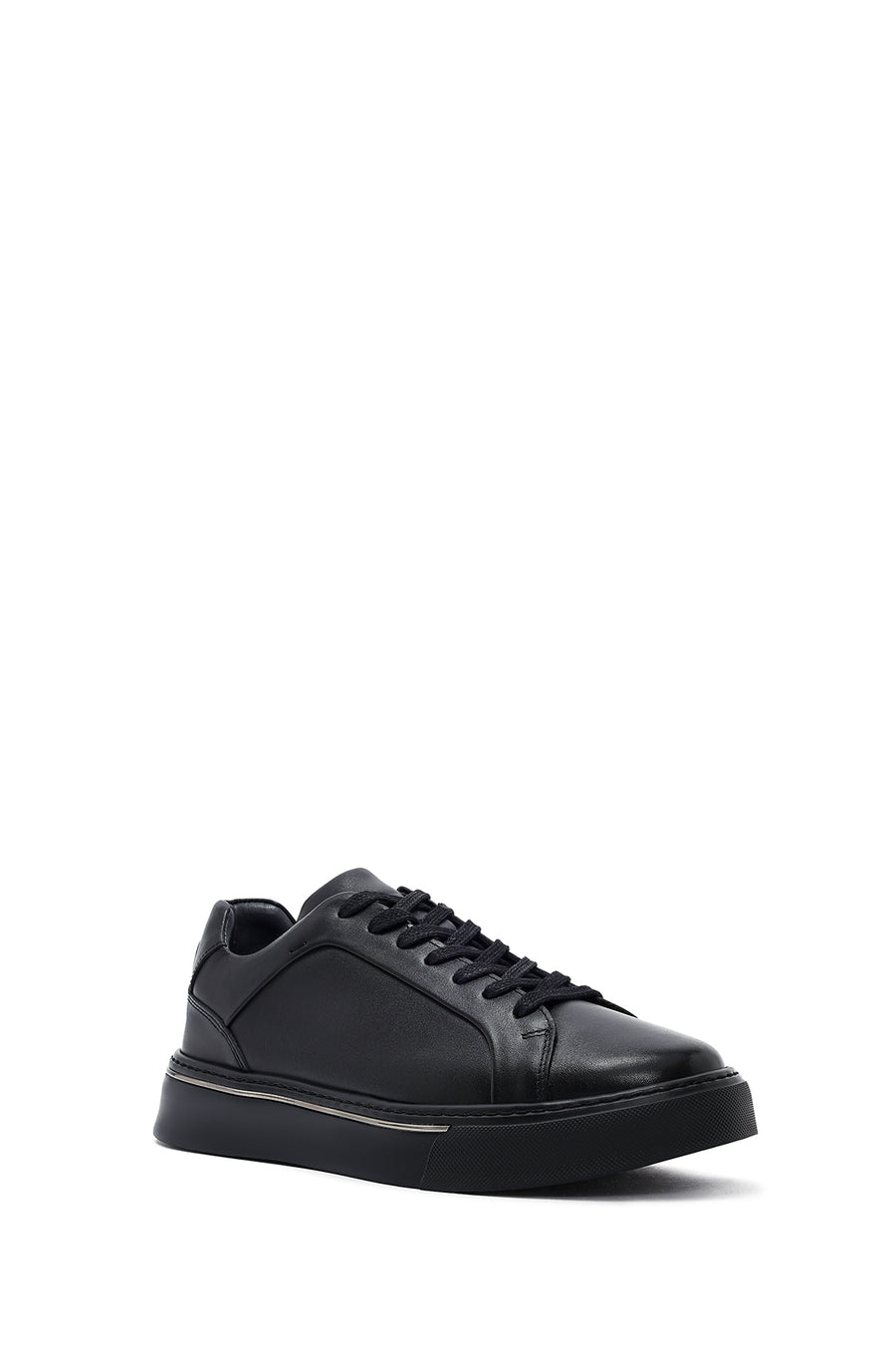 Erkek Siyah Bağcıklı Kalın Tabanlı Deri Sneaker