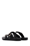 Women's Black Double Buckled Patterned Slippers | Derimod