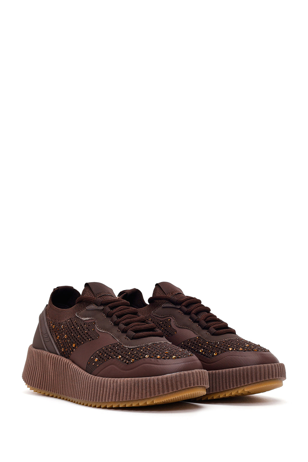 Derimod Zero Kadın Kahverengi Bağcıklı Kalın Tabanlı Taşlı Kumaş Sneaker