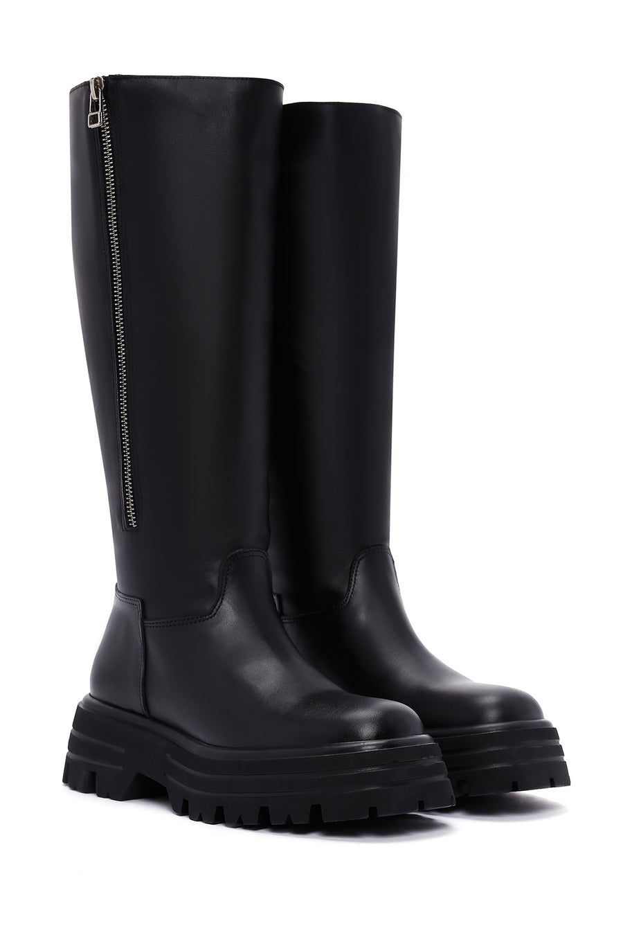 Women's Black Thick Soled Zippered Leather Boots