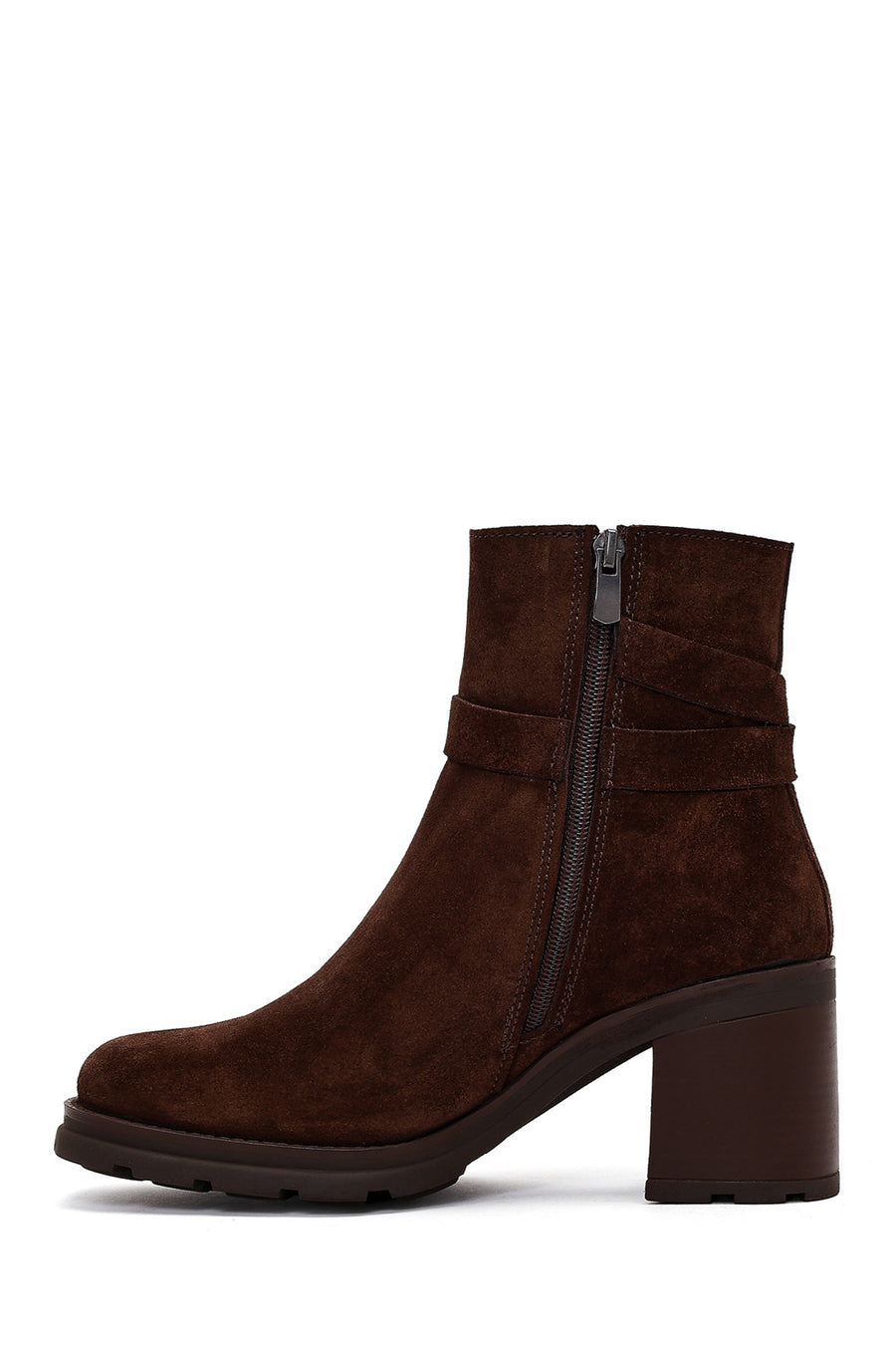 Women's Brown Zippered Thick Heel Suede Leather Boots