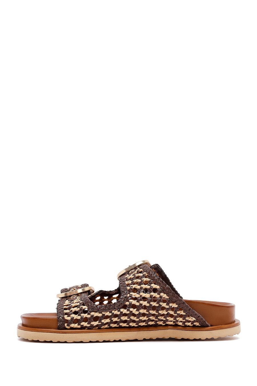 Women's Brown Double Buckled Straw Leather Slippers
