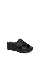 Women's Black Thick Soled Leather Comfort Slippers | Derimod