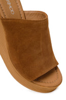 Woman Tan Wedge-Heel Suede Leather Slippers | Derimod