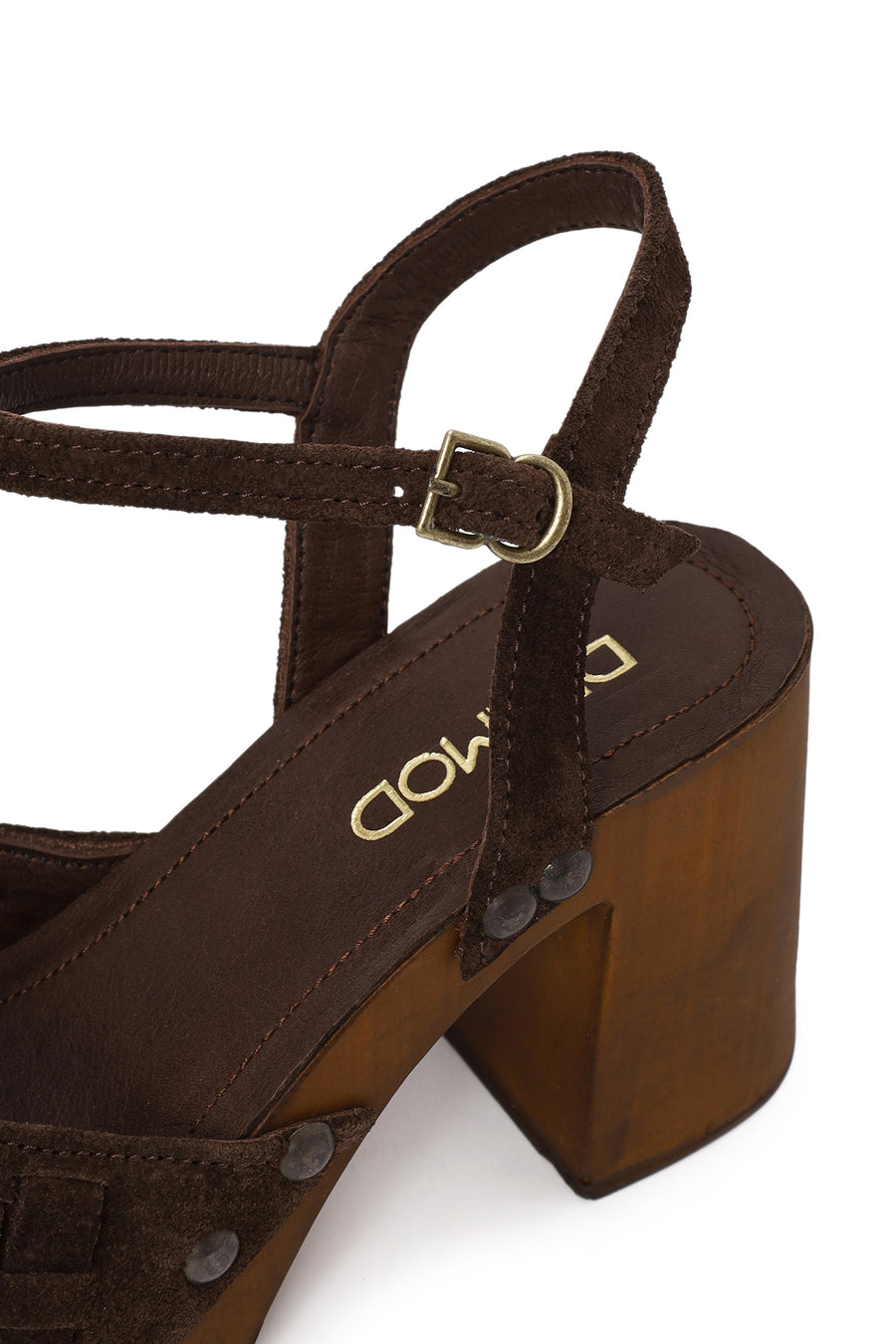 Woman Brown Ankle Buckled Chunky Heeled Suede Sandal