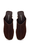 Women's Brown Platform Chunky Heel Suede Leather Slippers | Derimod