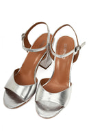 Women's Silver Ankle Buckle Chunky Heel Metallic Leather Sandals | Derimod