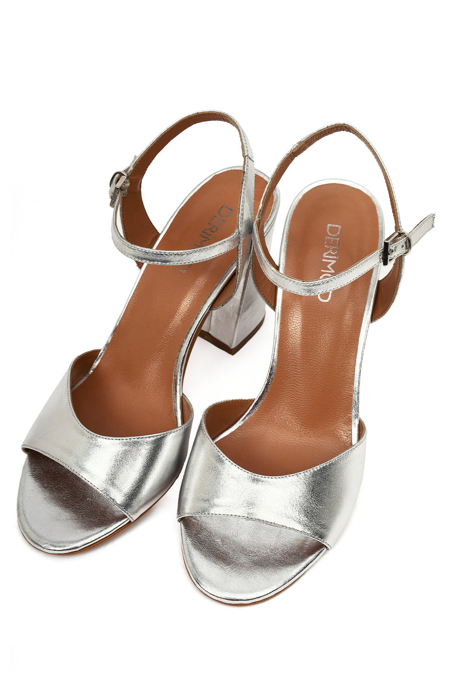 Women's Silver Ankle Buckle Chunky Heel Metallic Leather Sandals