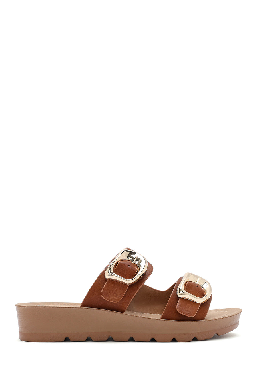 Women's Brown Double Buckled Thick Soled Slippers 25SFE464018 | Derimod