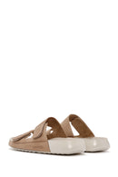 Women's Beige Double-Strap Nubuck Leather Comfort Slippers | Derimod