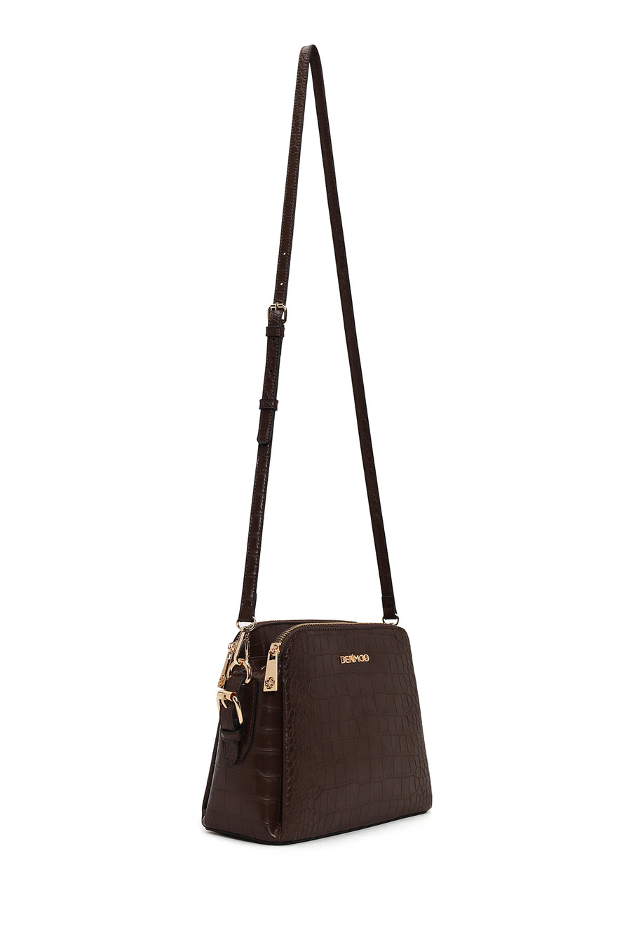 Woman Brown Long-Strap Crocodile Pattern Crossbody Bag