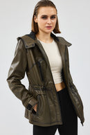 Jessica Women's Khaki Hooded Leather Jacket | Derimod