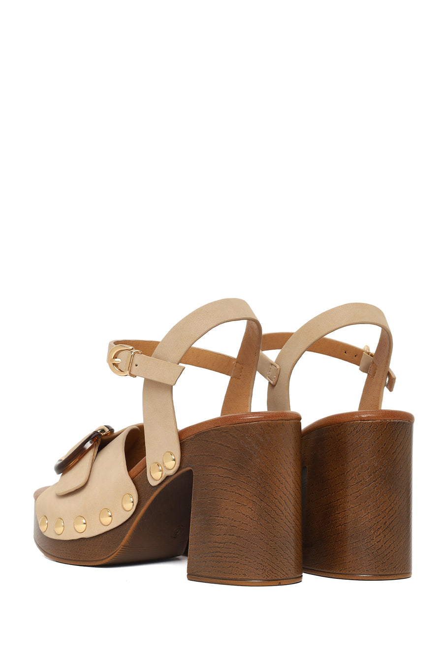 Woman Beige Buckled Ankle Platform Chunky High-Heel Suede Sandals