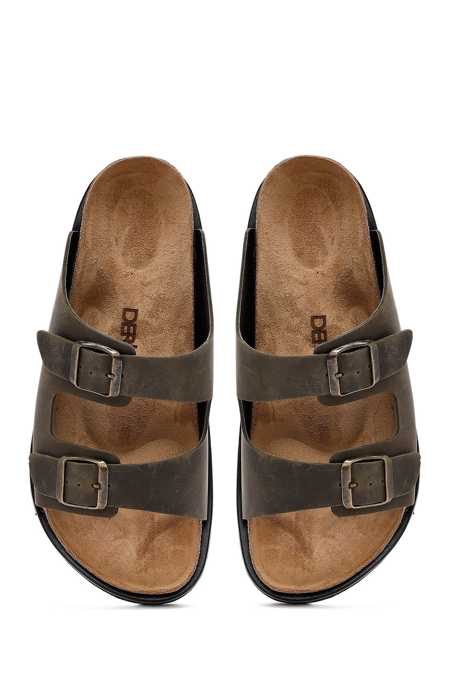 Men's Khaki Double Buckle Nubuck Leather Slippers